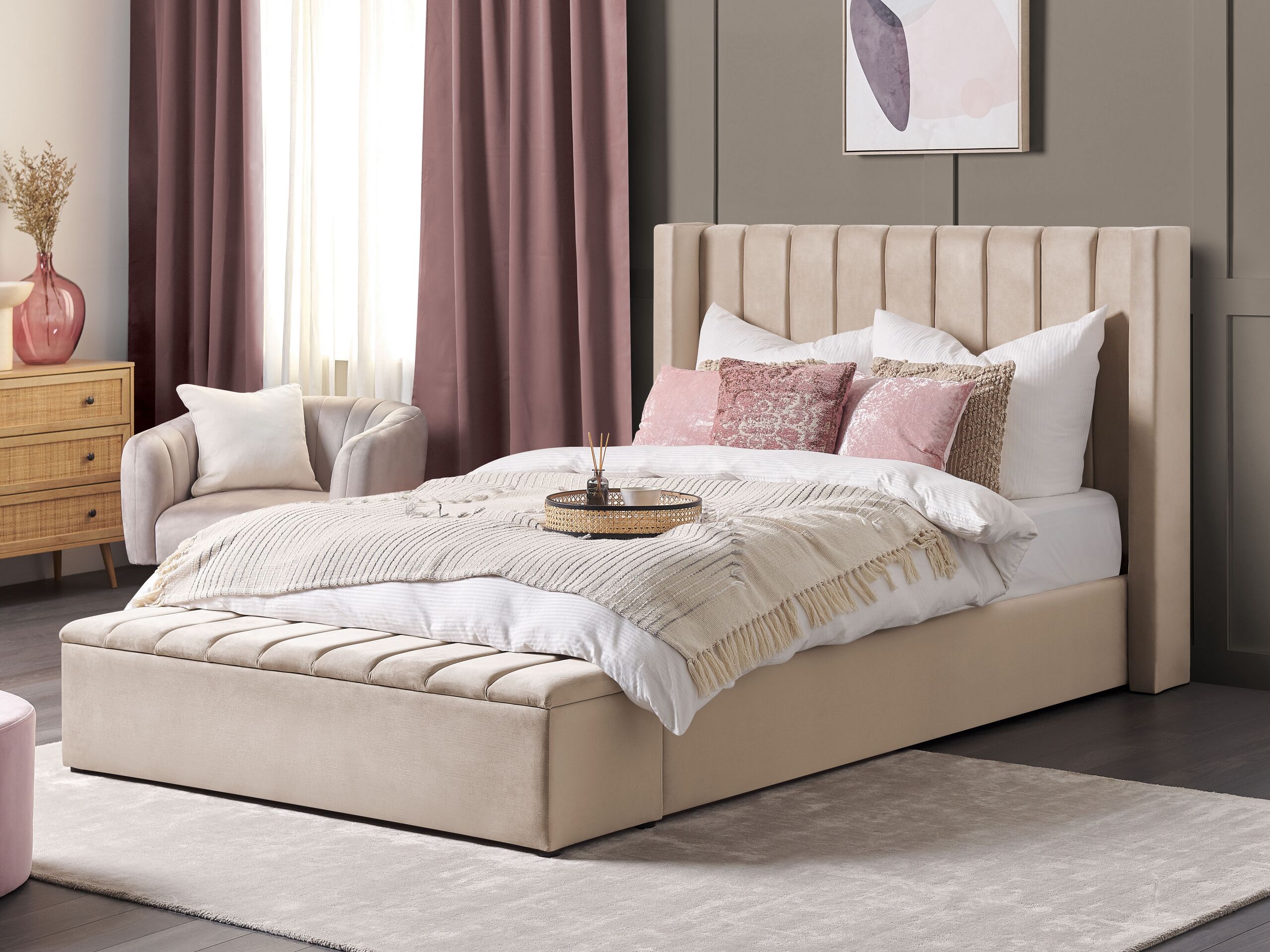 Seng med opbevaringsbænk NOYERS Velour Beige 160 x 200 cm