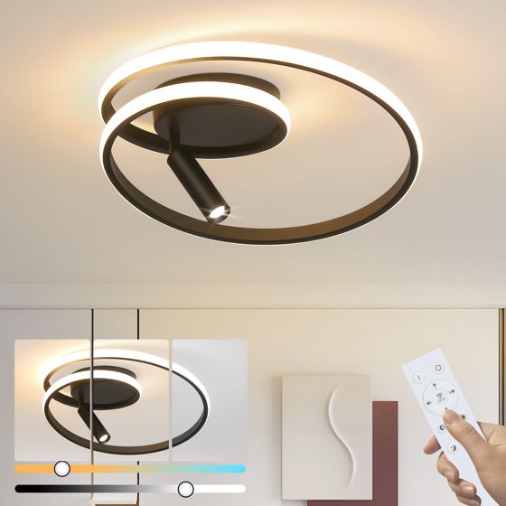NETTLIFE dæmpbar, LED loftlampe, 40 cm, moderne, design, 37 W med spotlight, til soveværelse, stue, sort