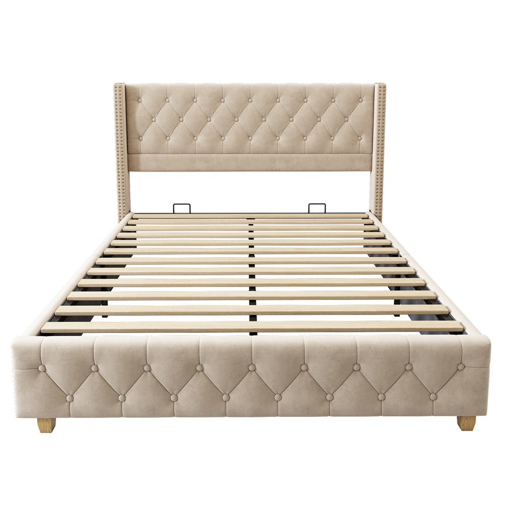 Betrukket seng 160 x 200 cm, lysebeige fløjl, quiltet betræk + dekorative nitter + træben