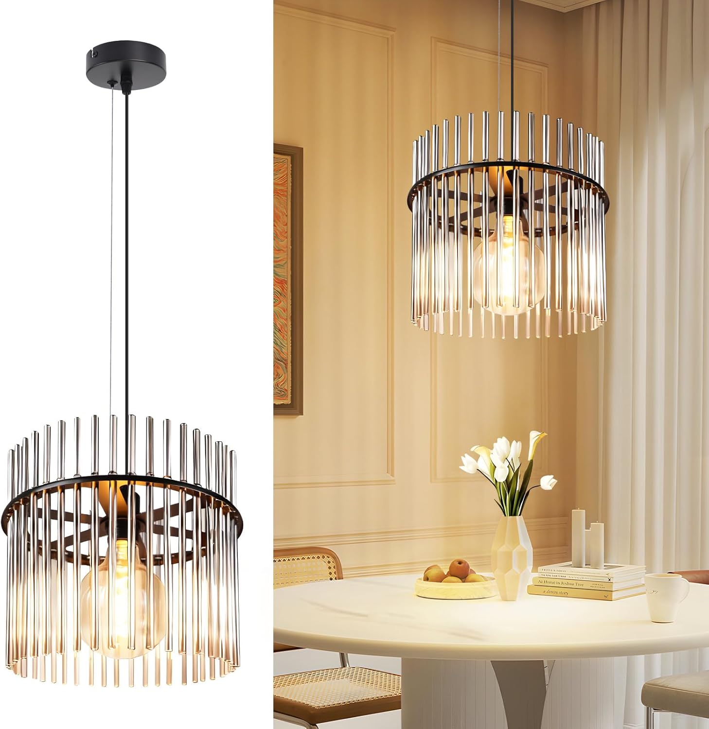 NETTLIFE Retro Sort Hængelampe, Glaspendellampe med E27-fatning, 1 Lyskilde, 30 cm, Til Spisebord, Til Køkken (uden Pære)