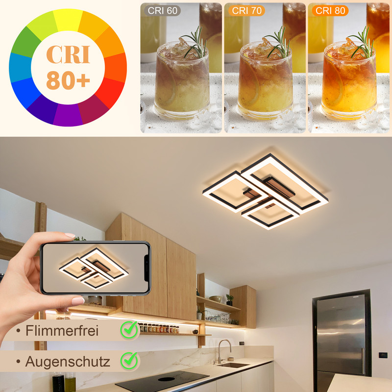 NETTLIFE Moderne LED loftslampe 21W Sort Firkantet træimiteret design Til køkken, stue og entré 3000K Varm hvid