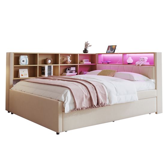 seng 140x200 cm beige flanell med led-belysning og stowageplads