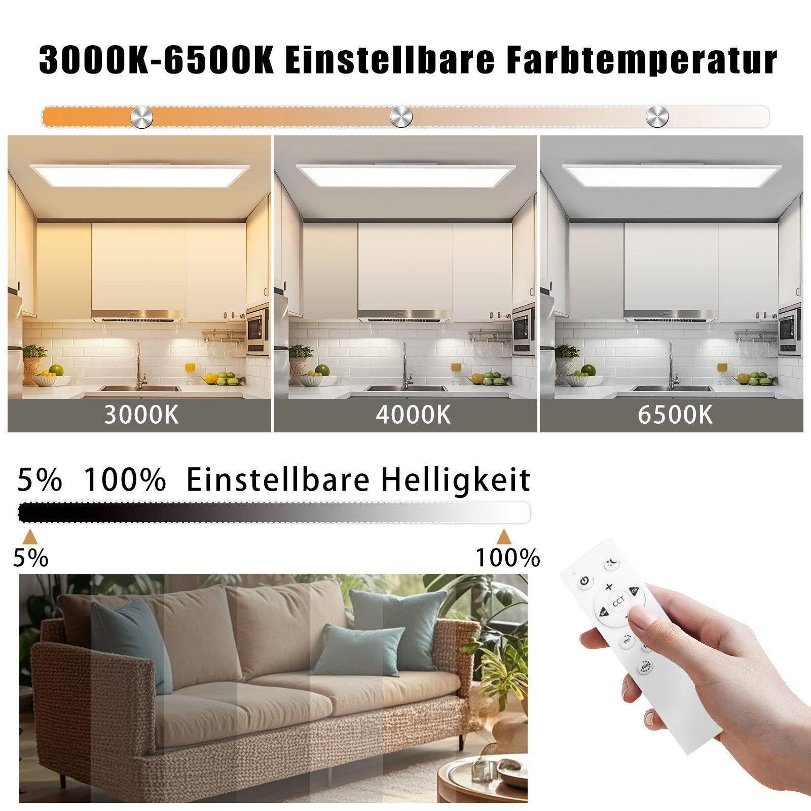NETTLIFE dæmpbar LED loftlampe 100x25 cm lang flad loftspanel med fjernbetjening stor hvid 24W
