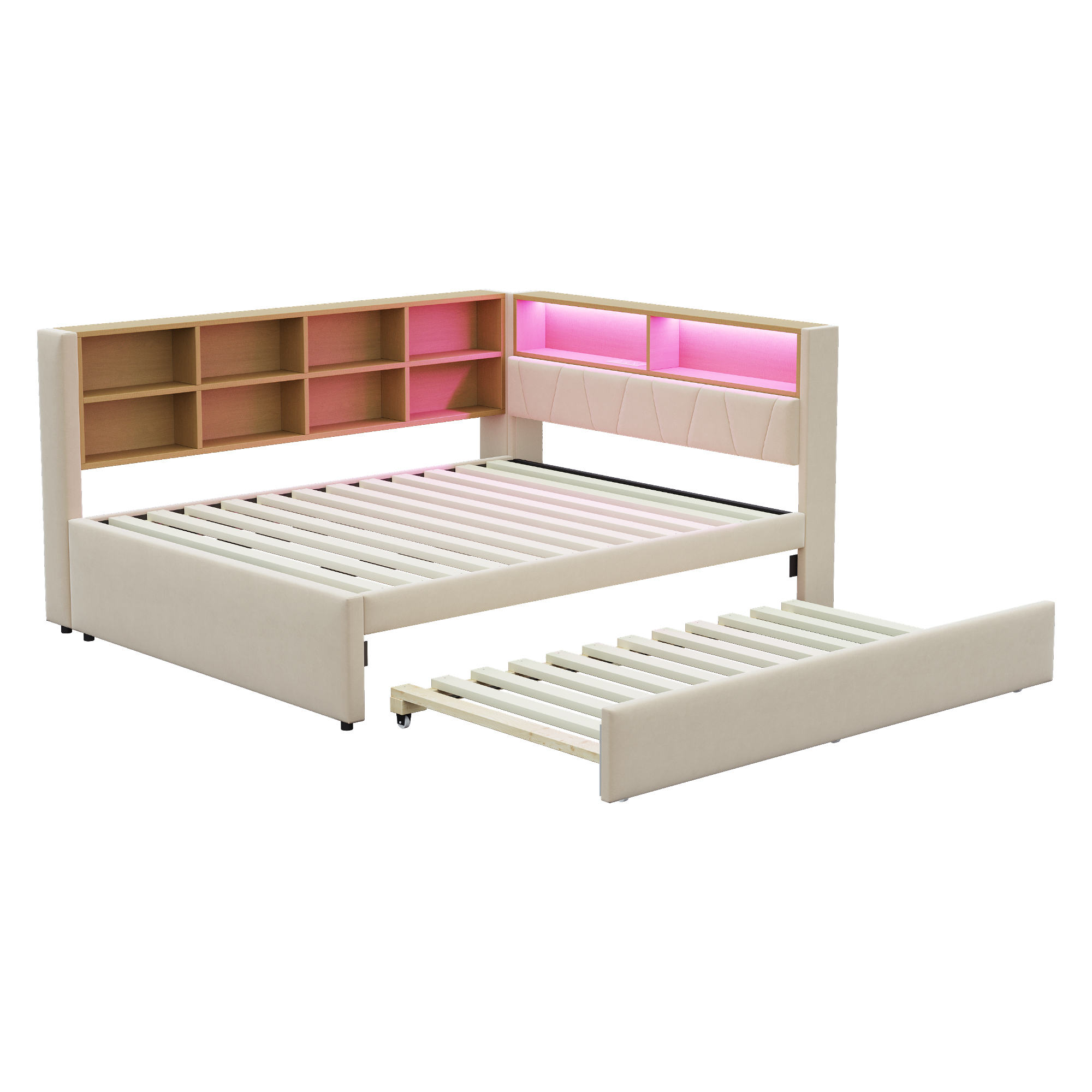 seng 140x200 cm beige flanell med led-belysning og stowageplads