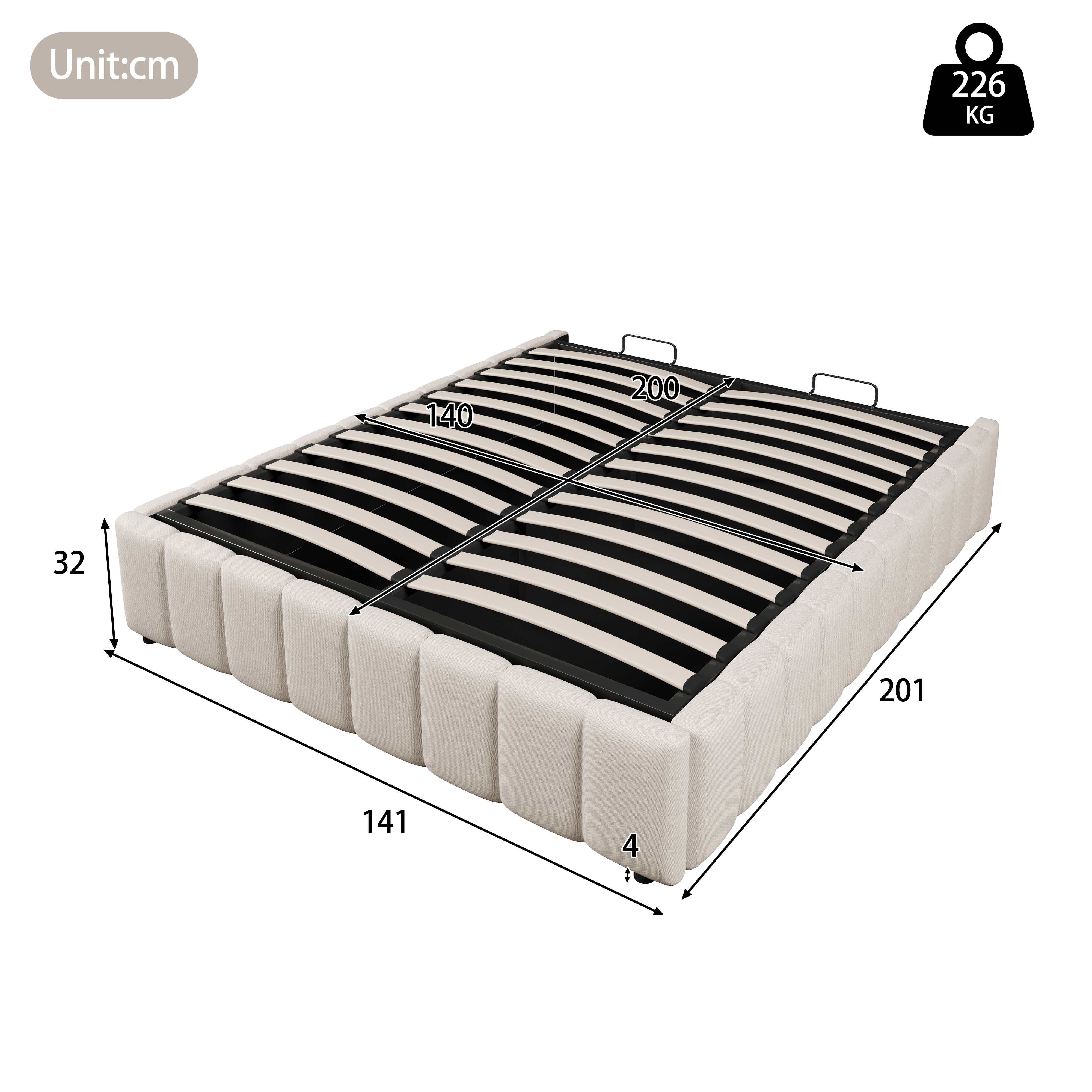Betrukket seng 140 x 200 cm, beige linned, hydraulisk + opbevaringsplads, uden hovedgærde
