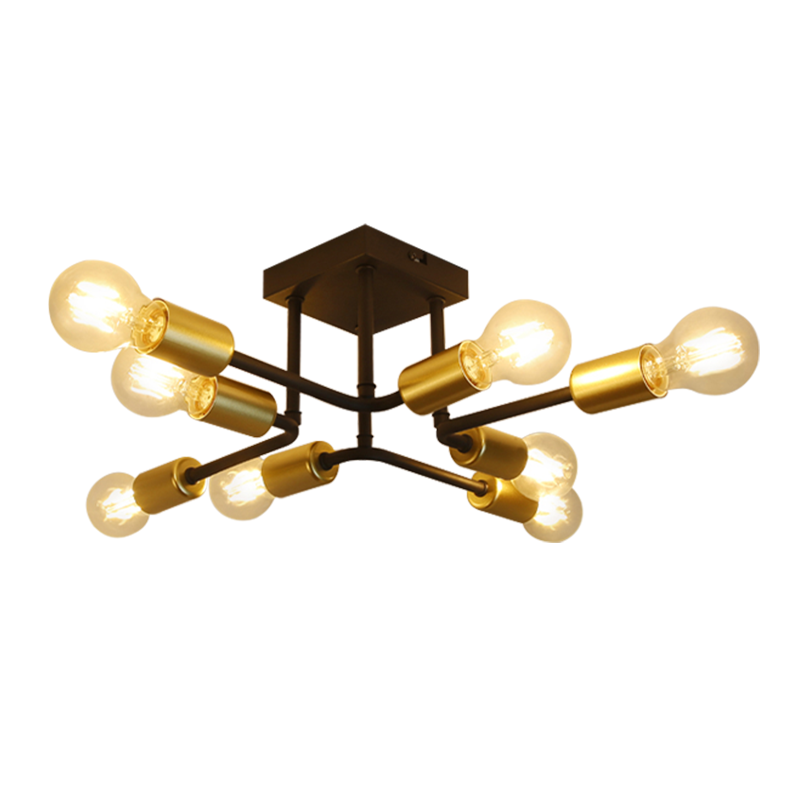 NETTLIFE - loftslampe, 48,5 * 48 * 16 cm E27 Vintage - industrilampe i metal, med 8 pærer, sort og guld, til soveværelse, maks. 25W