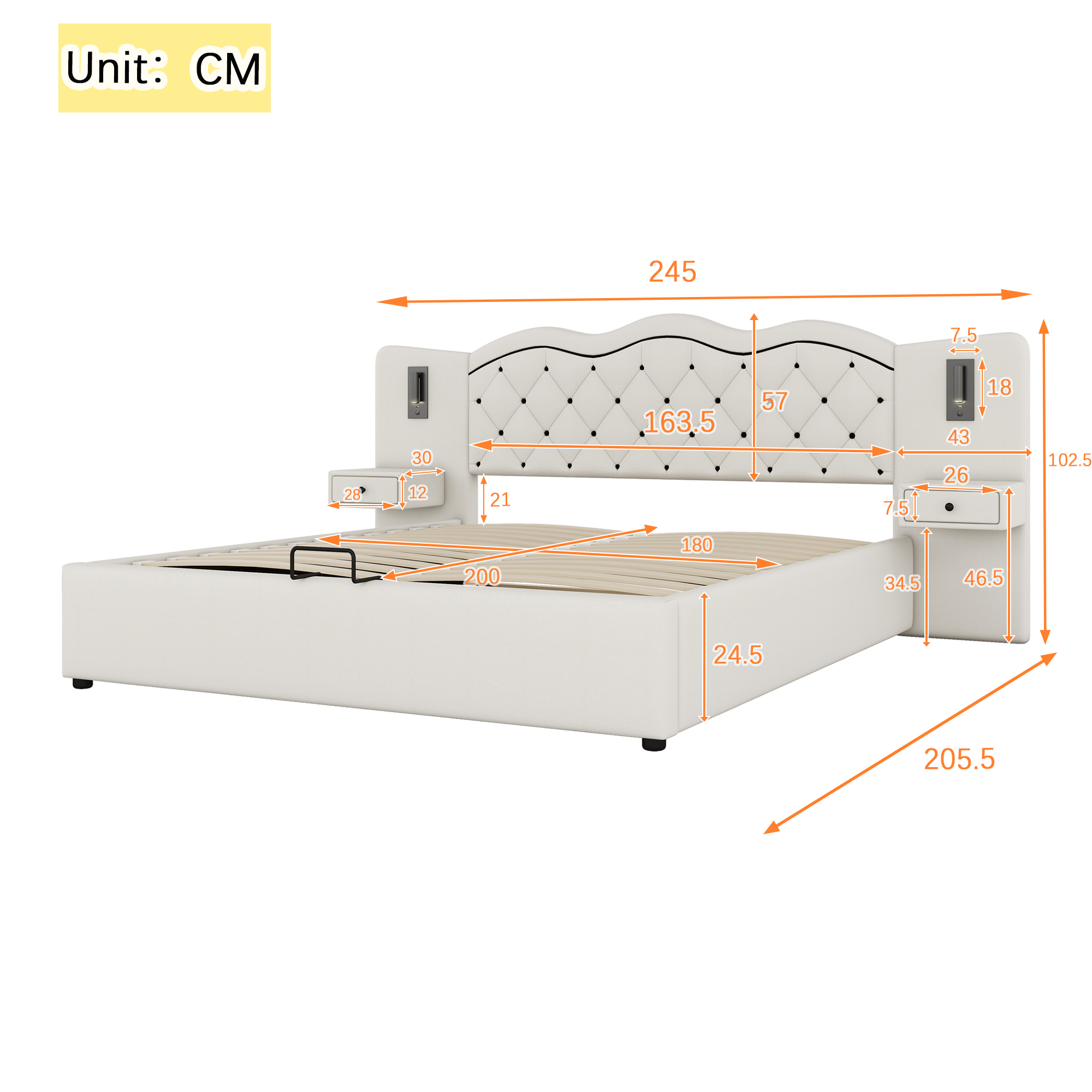 seng 180x200 cm beige i leinenimitat og mdf med hydraulisk opbevaring og usb-stik