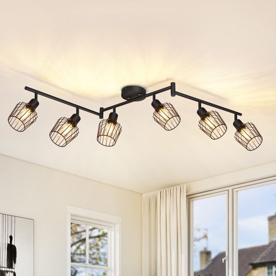 NETTLIFE Loftlampe E14 6 flammer sort loftspotlight til industriel brug LED-spotlight 350° drejelig dæmpbar