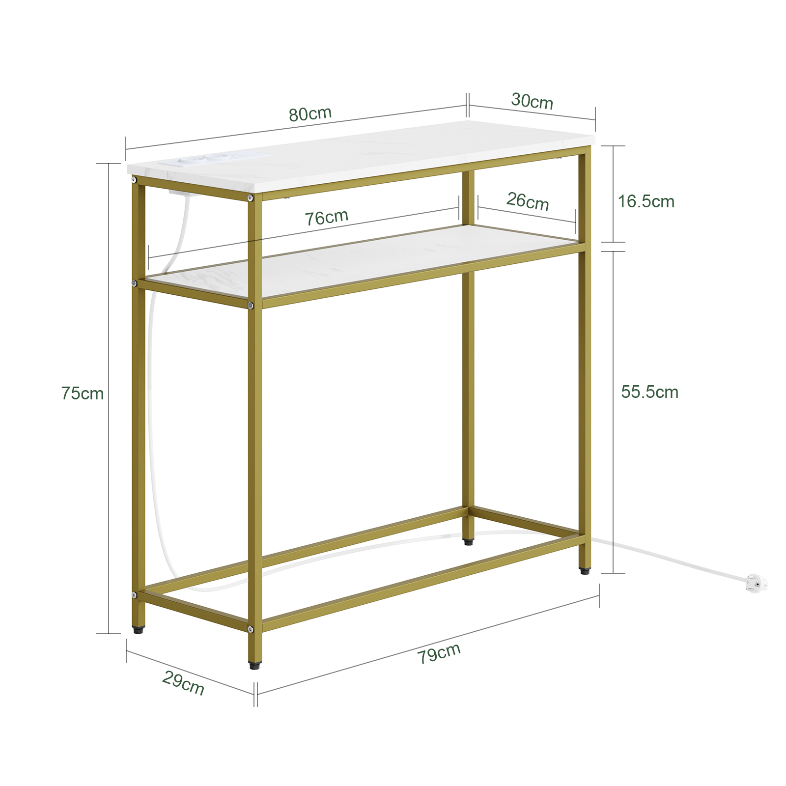 Konsolbord med indbygget stik og opladning, guld, 80.0x30.0x75.0 cm, FSB106-E-G