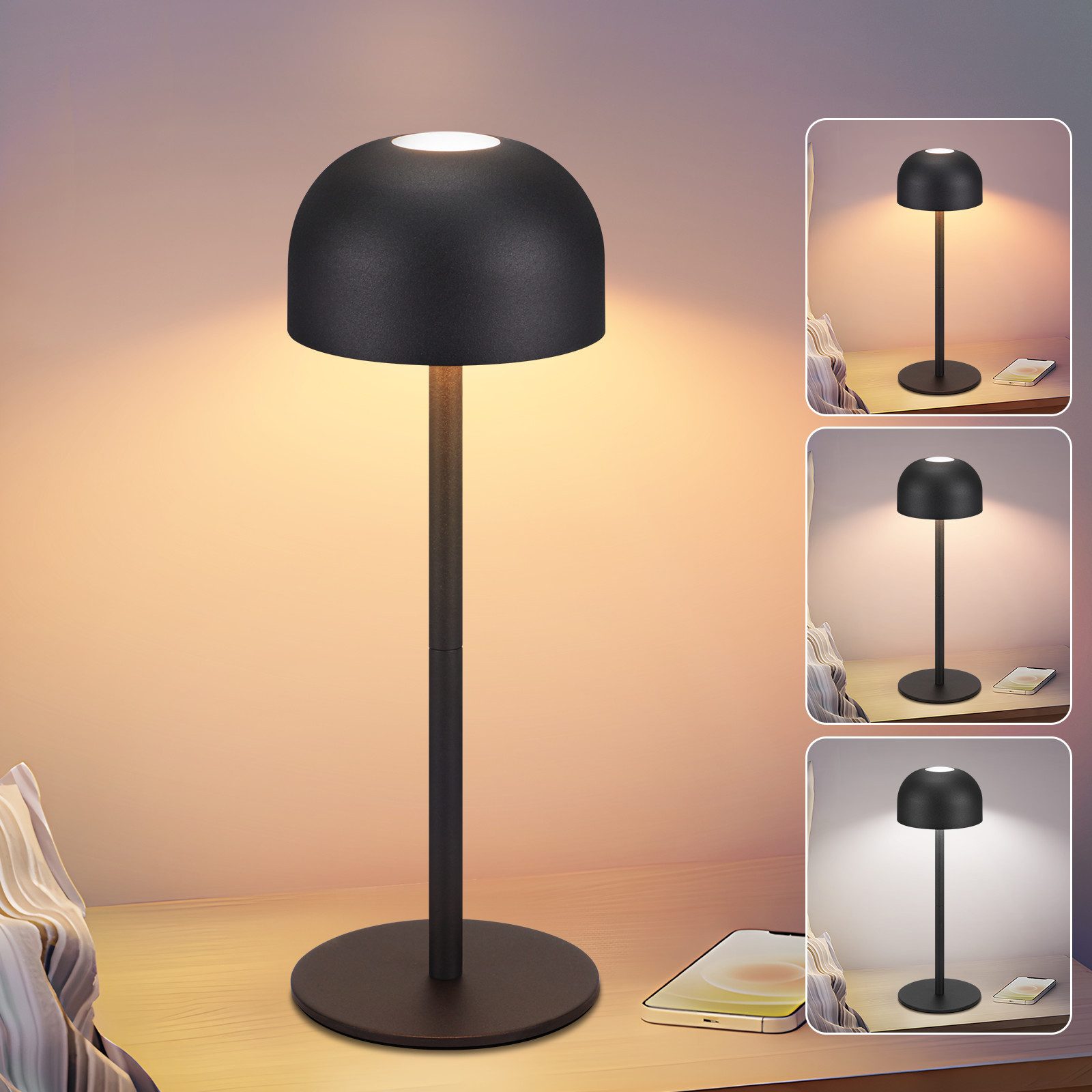 NETTLIFE Trådløs LED-bordlampe: Dæmpbar touch-bordlampe med 3 farvetemperaturer, USB