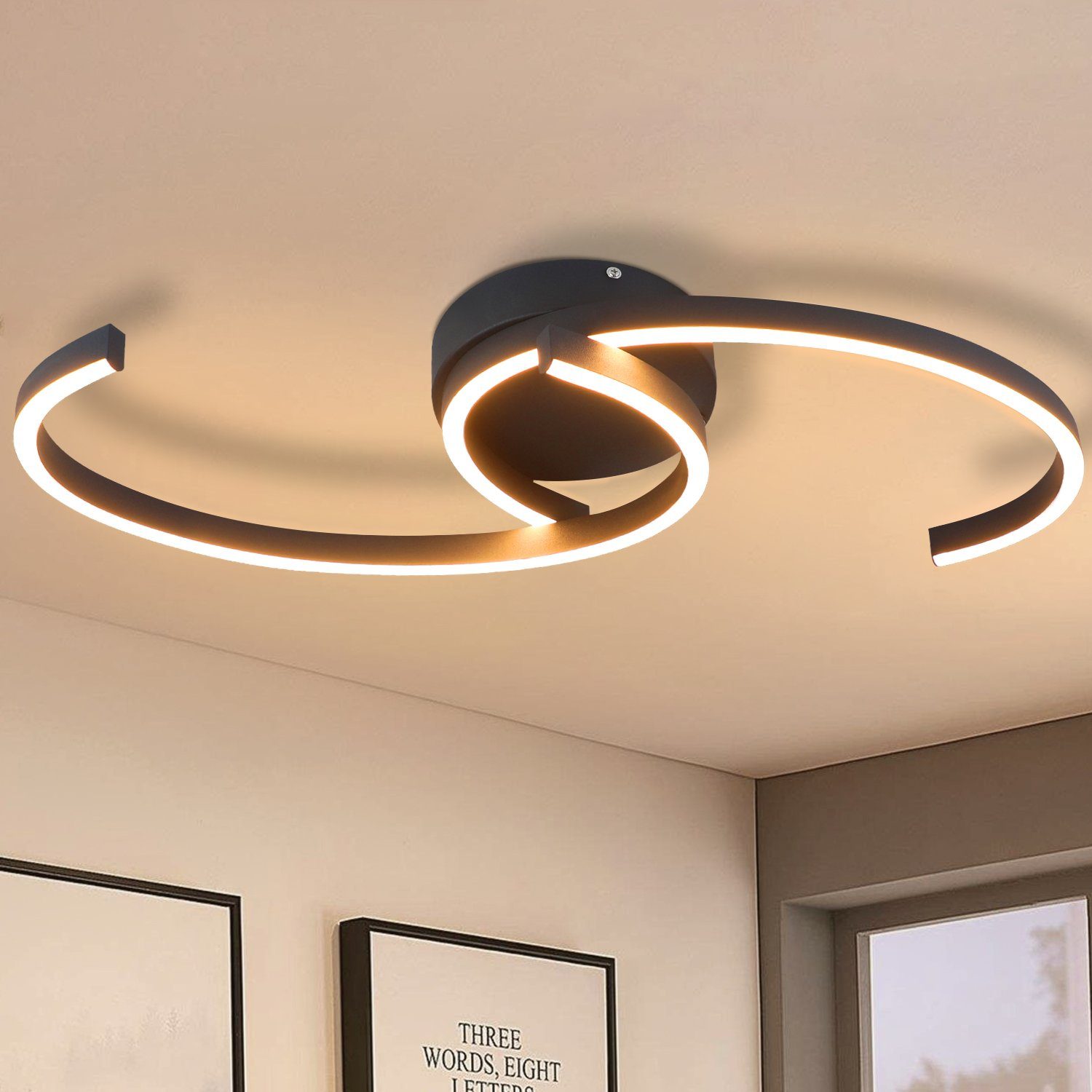 NETTLIFE moderne LED loftslampe, 60 cm, sort 24W varm hvid stuelampe til soveværelse, køkken, entré, spisestue