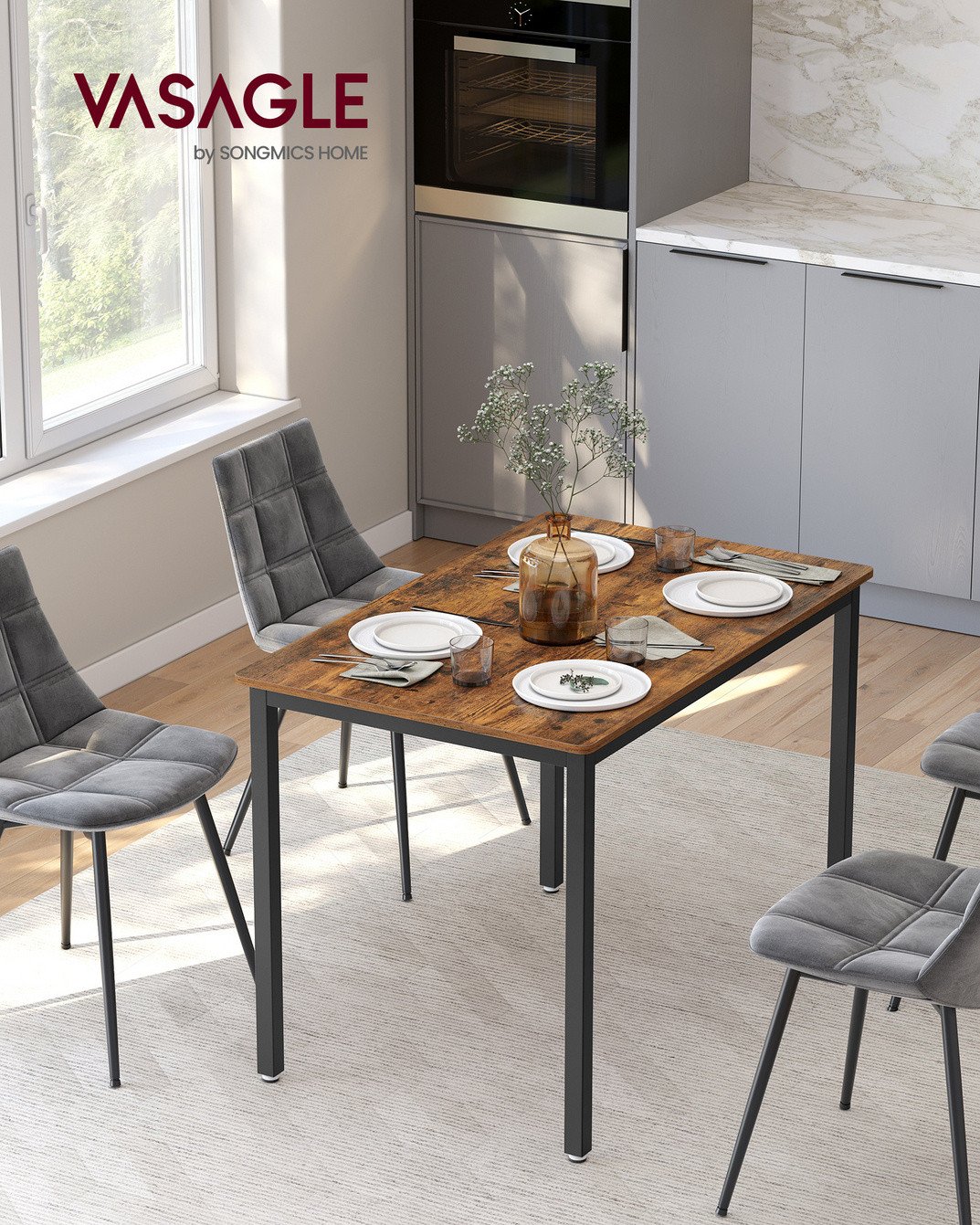 Vasagle spisebord, 70 × 110 × 77 cm, rustikbrun/sort, KDT081B01
