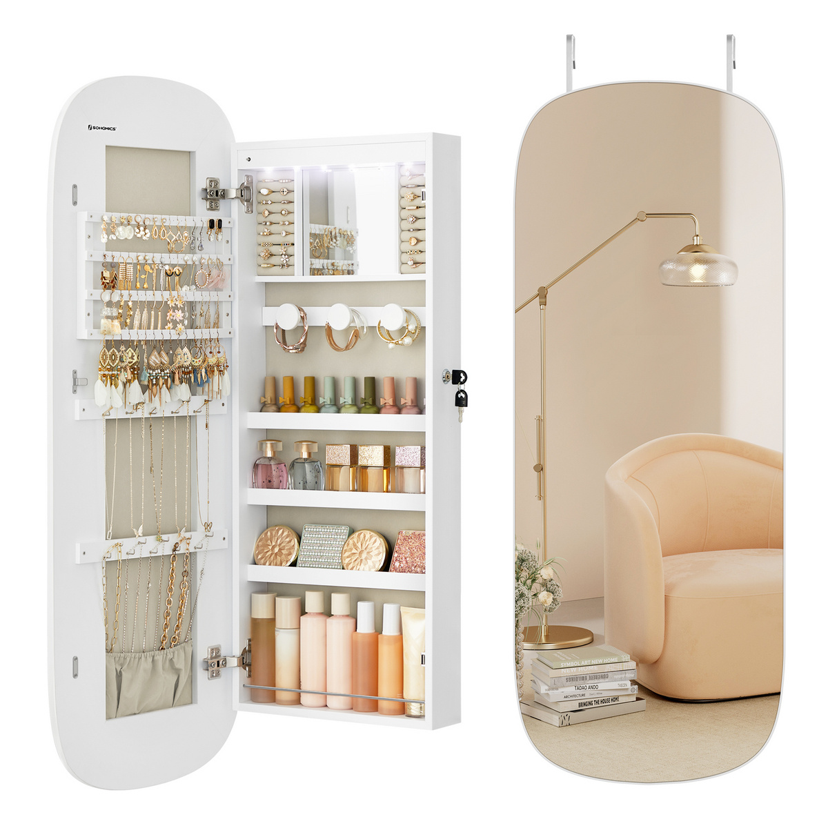 SONGMICS spejl, 10 × 42 × 108 cm, låsbar, med LED-belysning, greige, JJC026W01