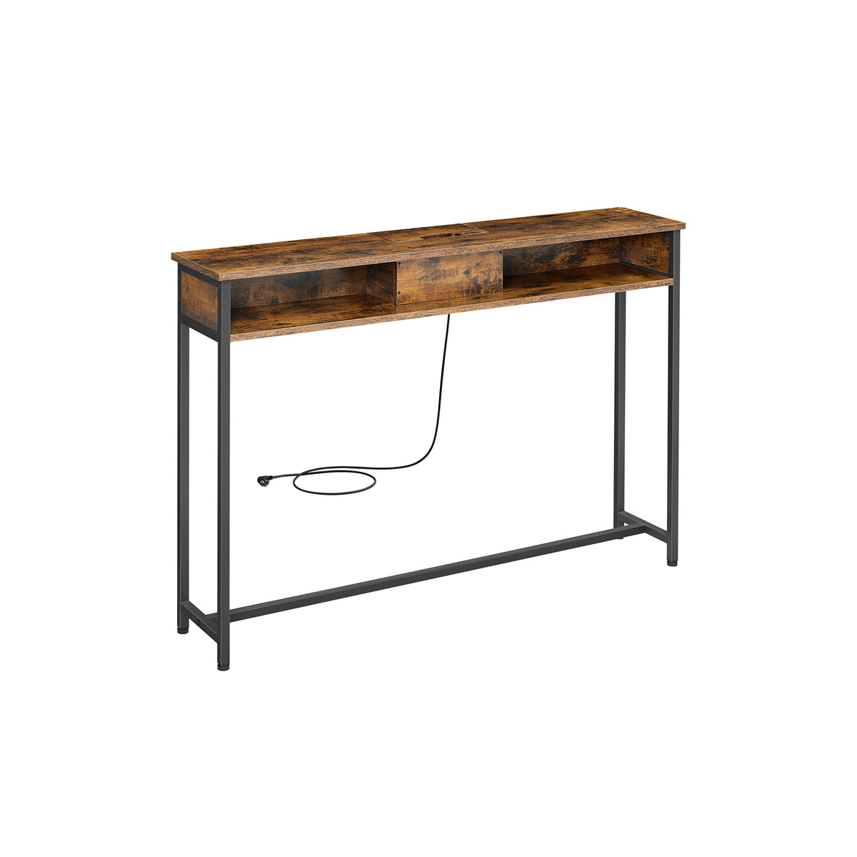 VASAGLE konsolbord, 2 rum, 25 × 120 × 81 cm, med ladestation, rustikbrun/sort, LNT111K01