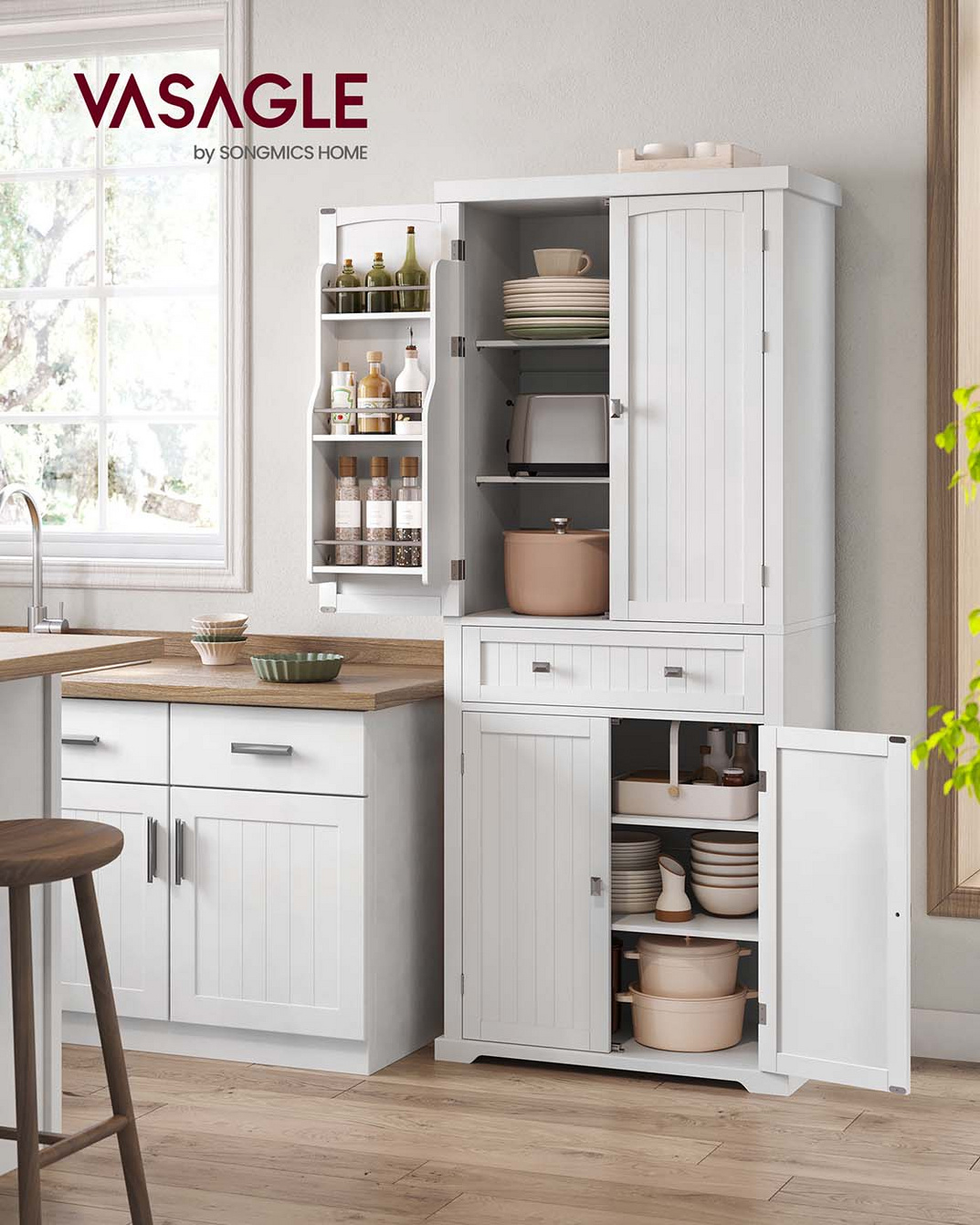 VASAGLE opbevaringsskab, 6 låger, 40 × 76 × 182.1 cm, justerbar hylde, fritstående, hvid, BBC561W21
