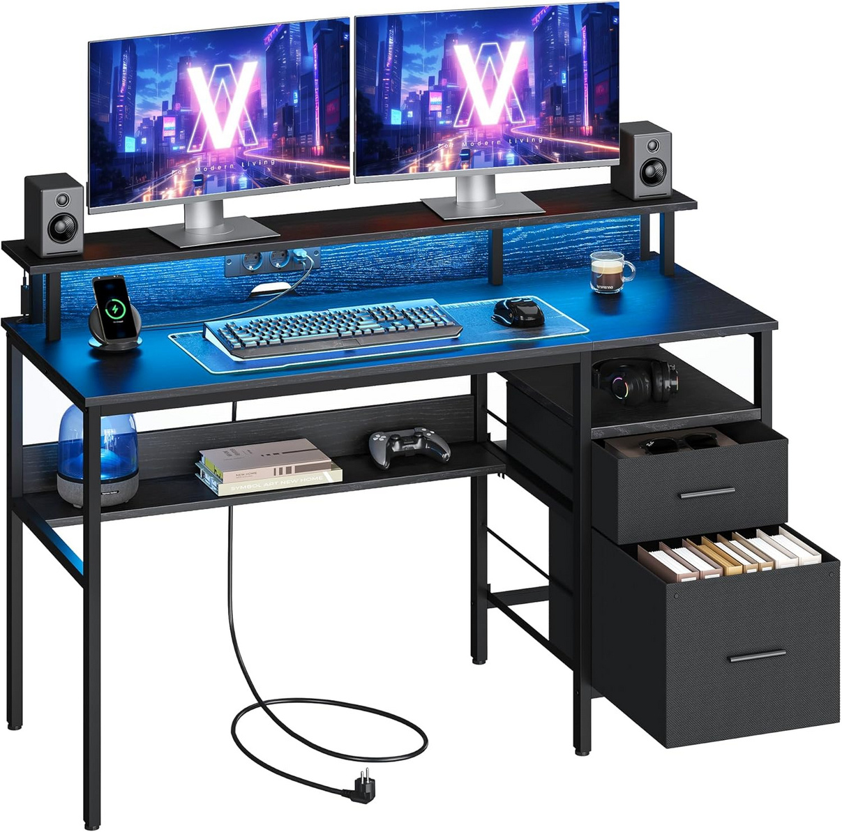 VASAGLE skrivebord, 55 × 135 × 90 cm, med LED-belysning, med ladestation, sort, LWD094B56