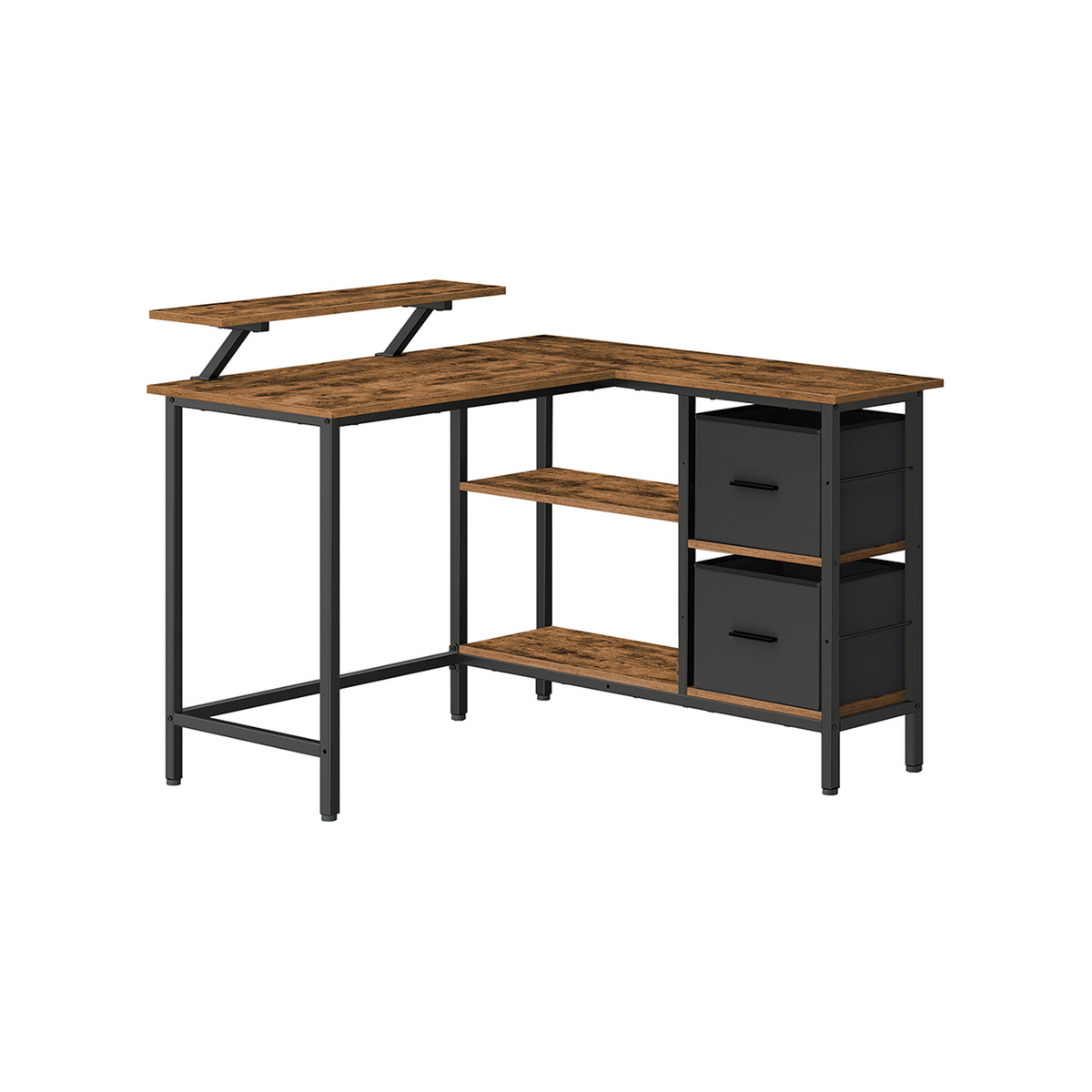VASAGLE L-formet skrivebord, 2 skuffer, justerbar, rustikbrun, LWD097B01