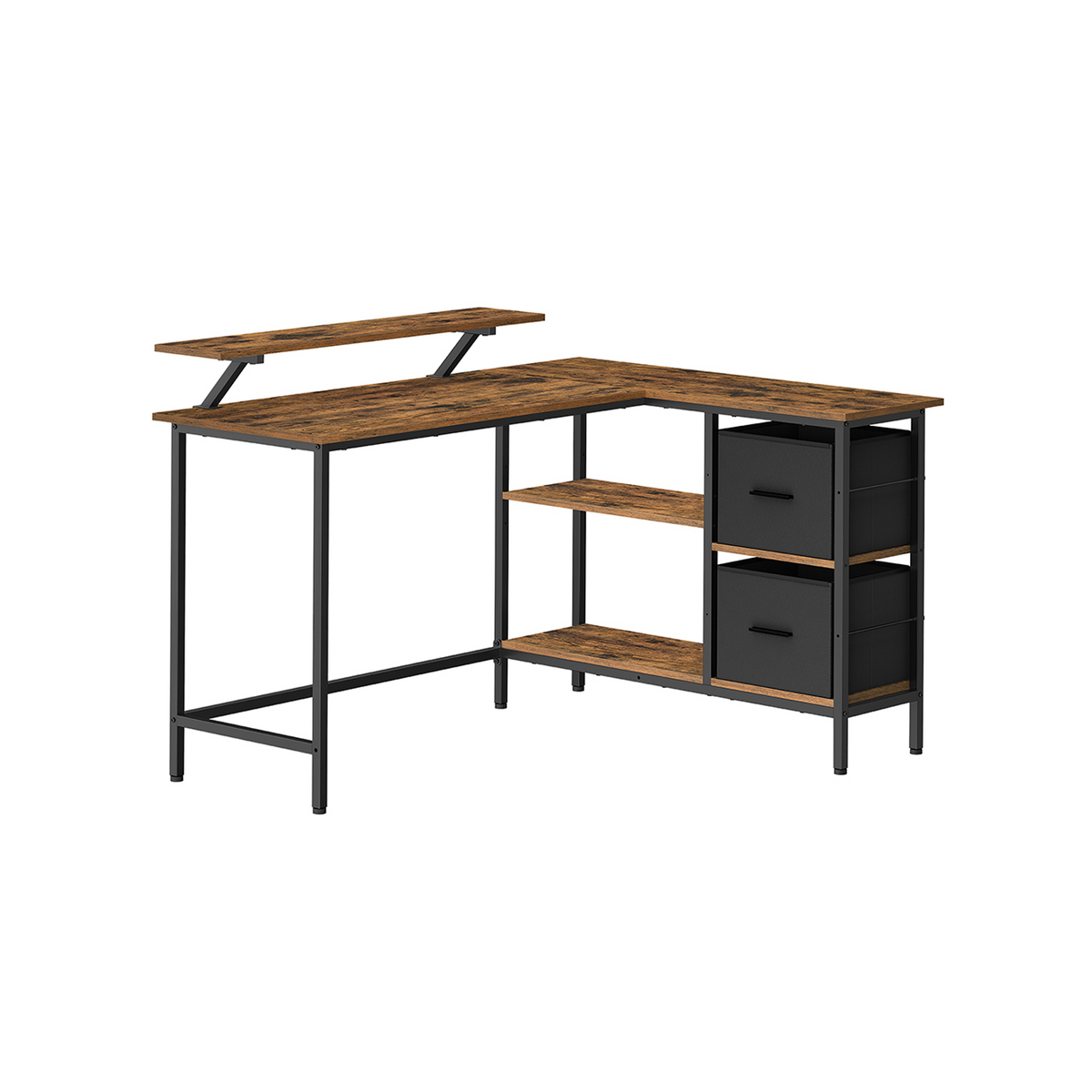 VASAGLE L-formet skrivebord, 2 skuffer, justerbar, rustikbrun, LWD098B01