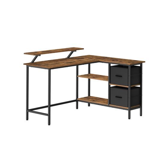 Vasagle L-formet skrivebord, 2 skuffer, justerbar, rustikbrun, LWD098B01