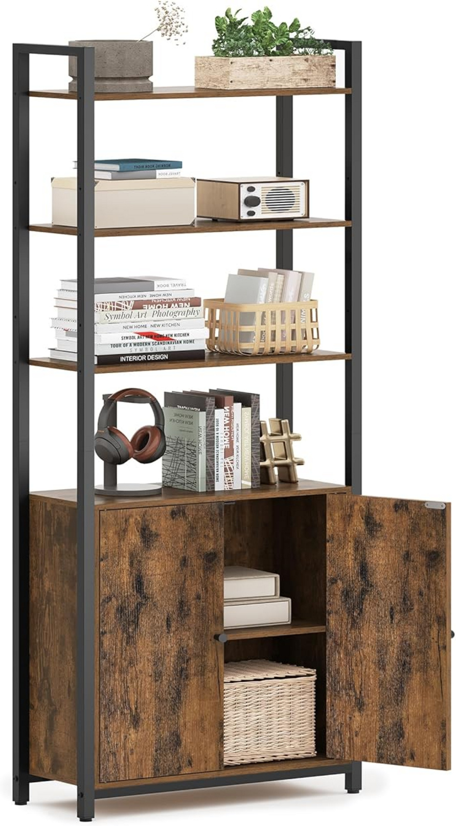VASAGLE bogreol, 6 niveauer, 24 × 60 × 159.5 cm, justerbar hylde, rustikbrun/sort, LLS133K01