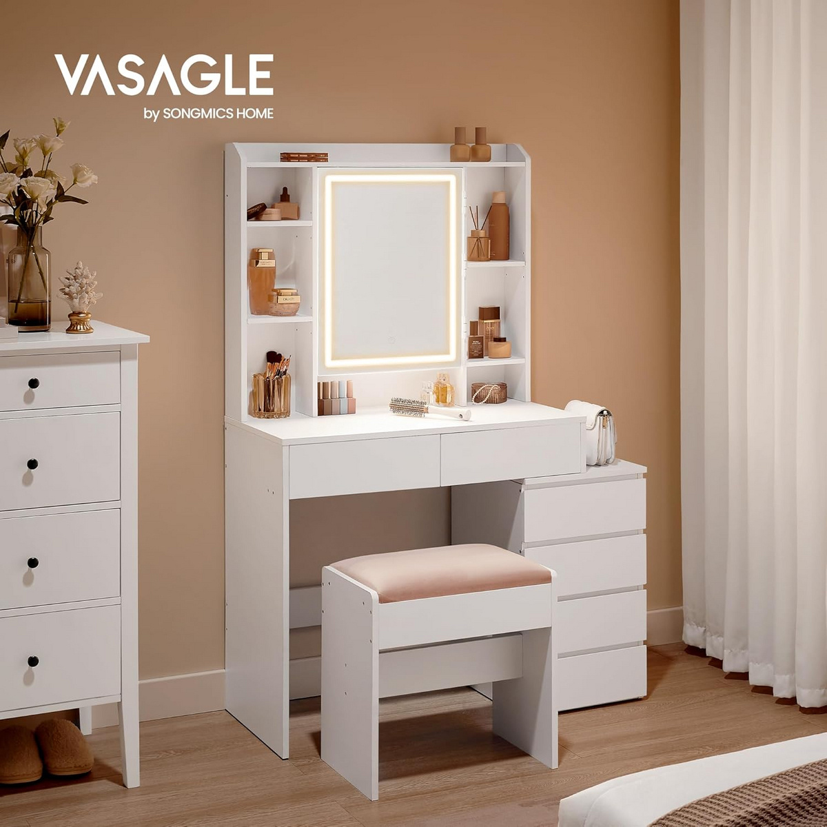 Vasagle sminkebord, justerbar hylde, med spejl, skyhvid, RDT125W01