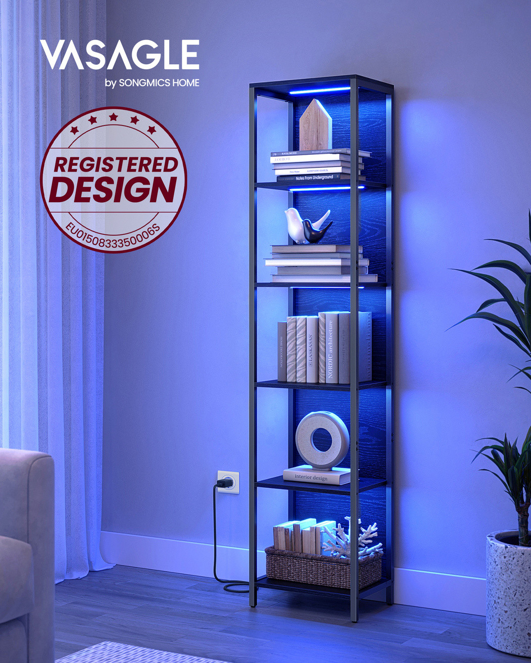 VASAGLE bogreol, 6 niveauer, 30.3 × 40 × 178.6 cm, justerbar, med LED-belysning, sort, LLS121B57