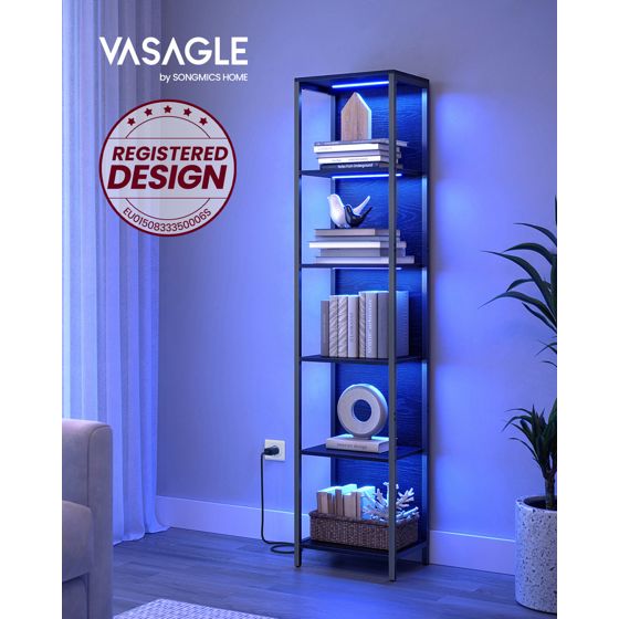 Vasagle bogreol, 6 niveauer, 30.3 × 40 × 178.6 cm, justerbar, med LED-belysning, sort, LLS121B57