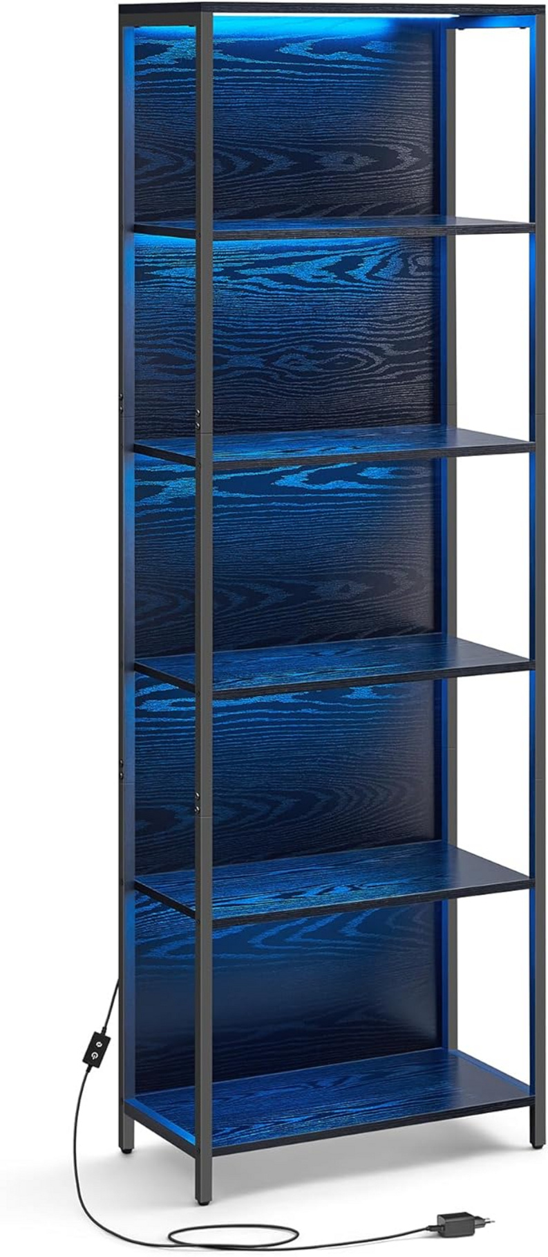 VASAGLE bogreol, 6 niveauer, 30.3 × 60 × 178.6 cm, justerbar, med LED-belysning, sort, LLS120B57