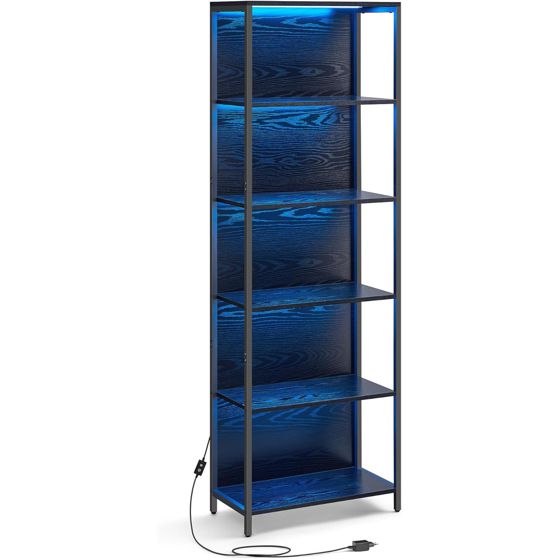 Vasagle bogreol, 6 niveauer, 30.3 × 60 × 178.6 cm, justerbar, med LED-belysning, sort, LLS120B57