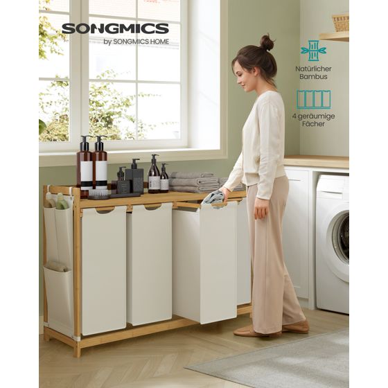 Songmics vasketøjssorterer, 4 rum, 4 × 50 L, 124.6 × 33 × 78 cm, cremehvid, RLH120W01