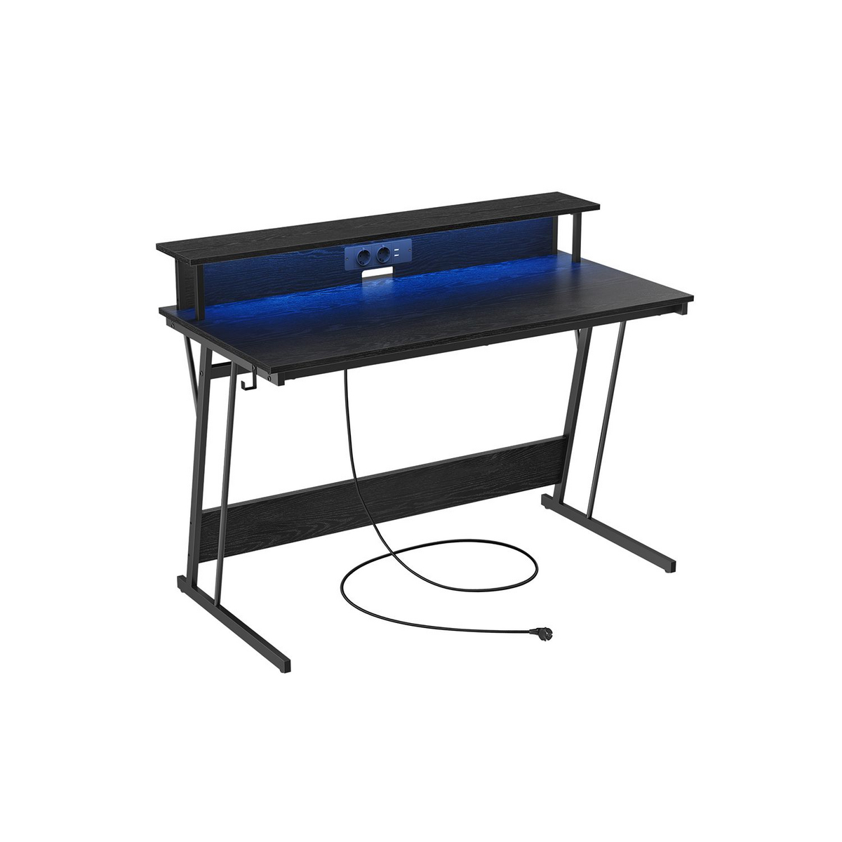 VASAGLE gamingbord, 60 × 120 × 76 cm, med LED-belysning, med ladestation, sort, LWD192B56