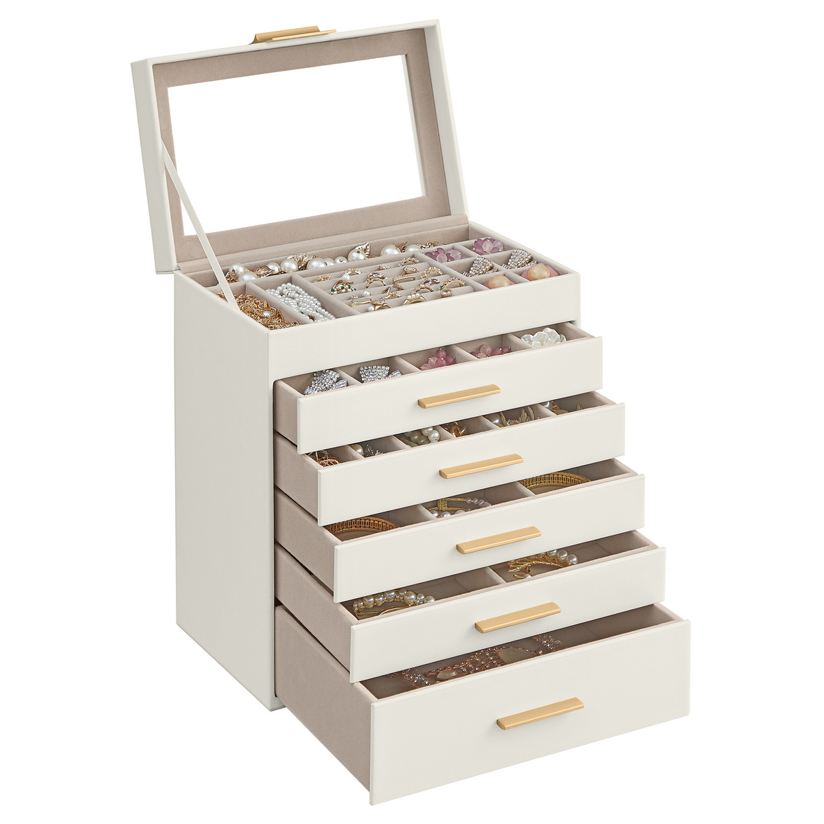 SONGMICS smykkeskrin, 5 skuffer, 16.3 × 25.1 × 29 cm, skyhvid/guld, UJBC171W01