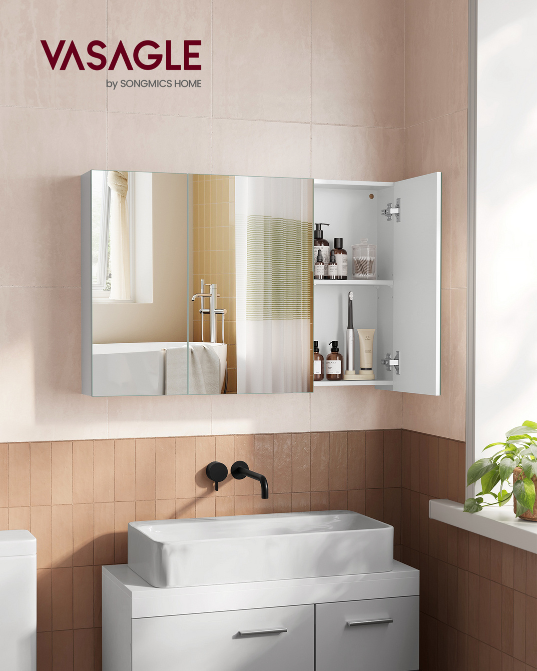 VASAGLE spejl, 3 låger, 15 × 90 × 60 cm, justerbar hylde, hvid, BBK032W01