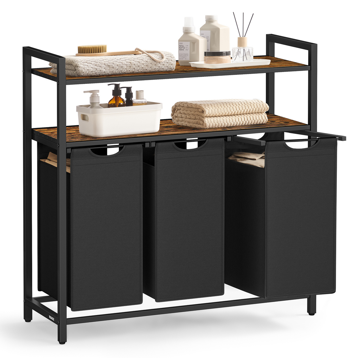 VASAGLE vasketøjskurv, 2 hylder, 40 L, rustikbrun/sort, UBLH213B01