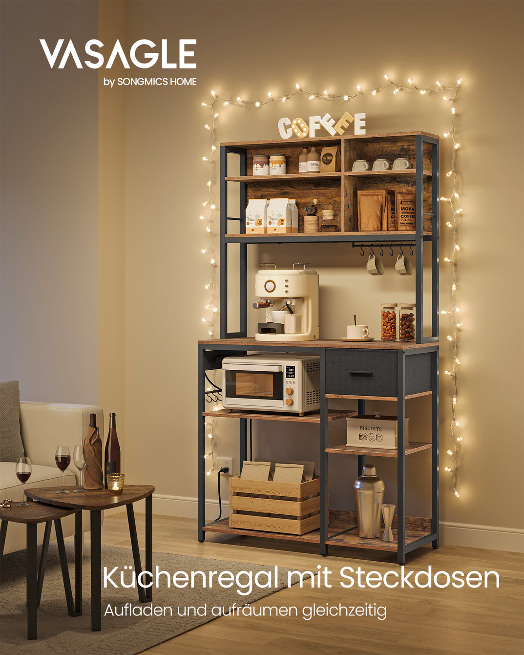 Vasagle køkkenreol, 12 kroge, 40 × 100 × 180.2 cm, justerbar hylde, med ladestation, rustikbrun/sort, KKS027K02