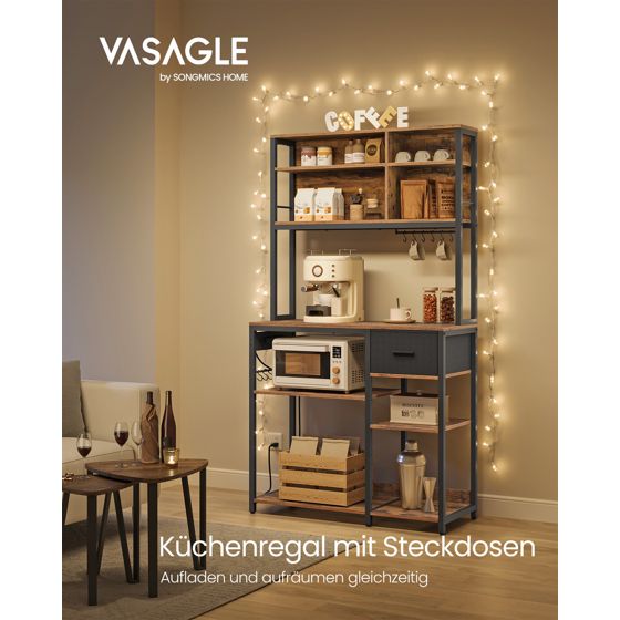 Vasagle køkkenreol, 12 kroge, 40 × 100 × 180.2 cm, justerbar hylde, med ladestation, rustikbrun/sort, KKS027K02