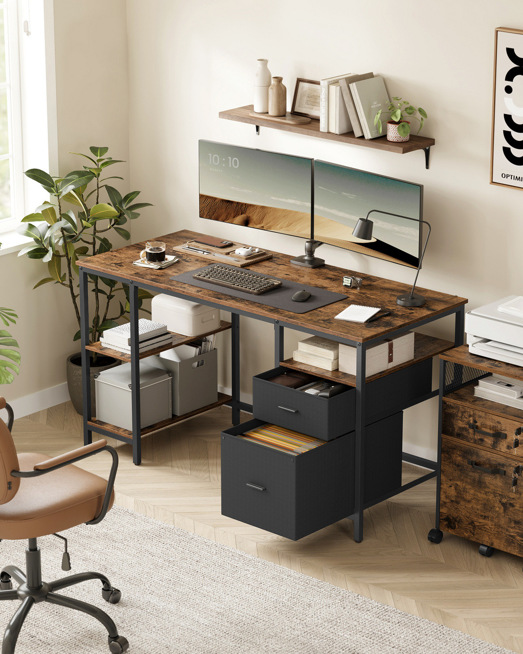 VASAGLE computerbord, 3 skuffer, 3 hylder, 60 × 140 × 76 cm, rustikbrun/sort, LWD104B01