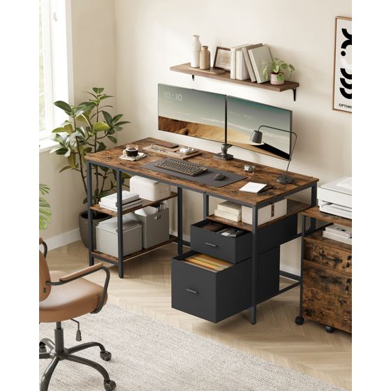 Vasagle computerbord, 3 skuffer, 3 hylder, 60 × 140 × 76 cm, rustikbrun/sort, LWD104B01