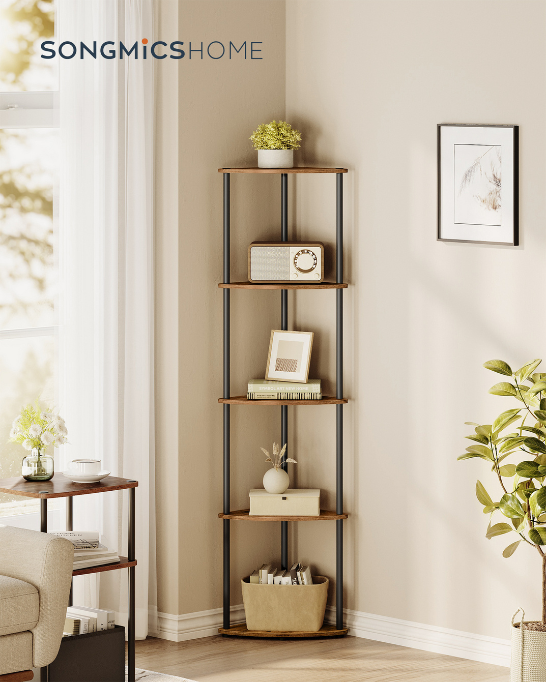 SONGMICS HOME hjørnehylde, 5 niveauer, 38.3 × 27 × 139 cm, rustikbrun, LBC610K01