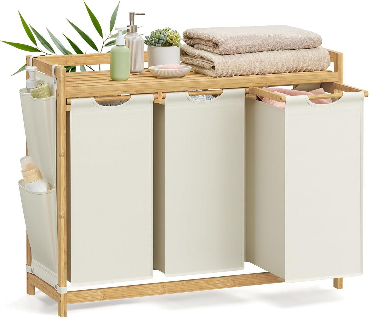 SONGMICS vasketøjskurv, 3 rum, 3 × 50 L, 94 × 33 × 78 cm, cremehvid, RLH115W01