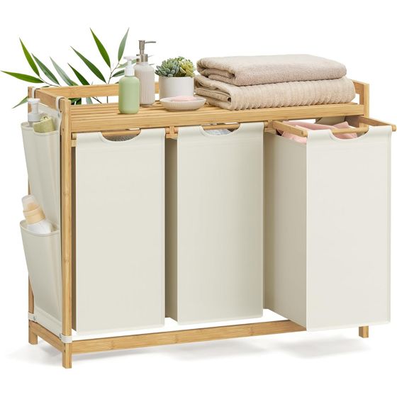 Songmics vasketøjskurv, 3 rum, 3 × 50 L, 94 × 33 × 78 cm, cremehvid, RLH115W01