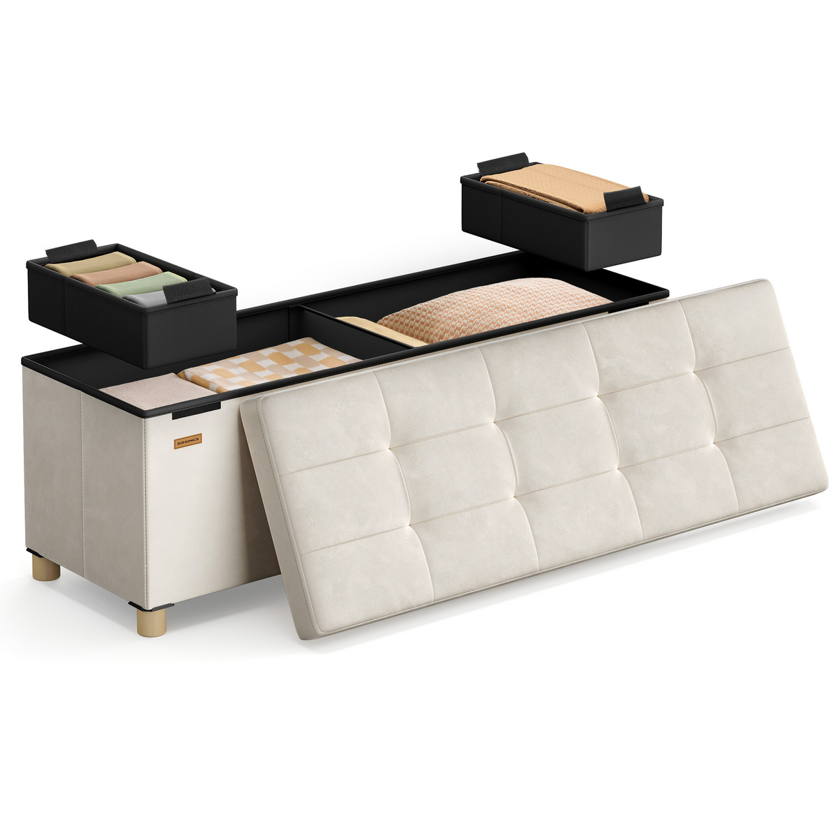 Songmics opbevaringspuf, 112 L, 15 × 43.3 × 15.7 tommer, sammenklappelig, beige, ULSF0518W02
