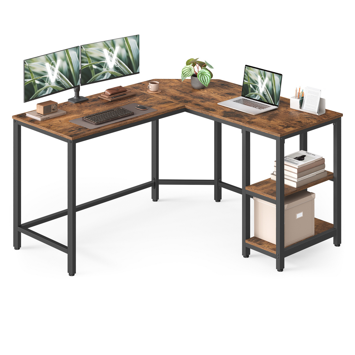 VASAGLE computerbord, 130 × 130 × 76 cm, rustikbrun/sort, LWD123K01