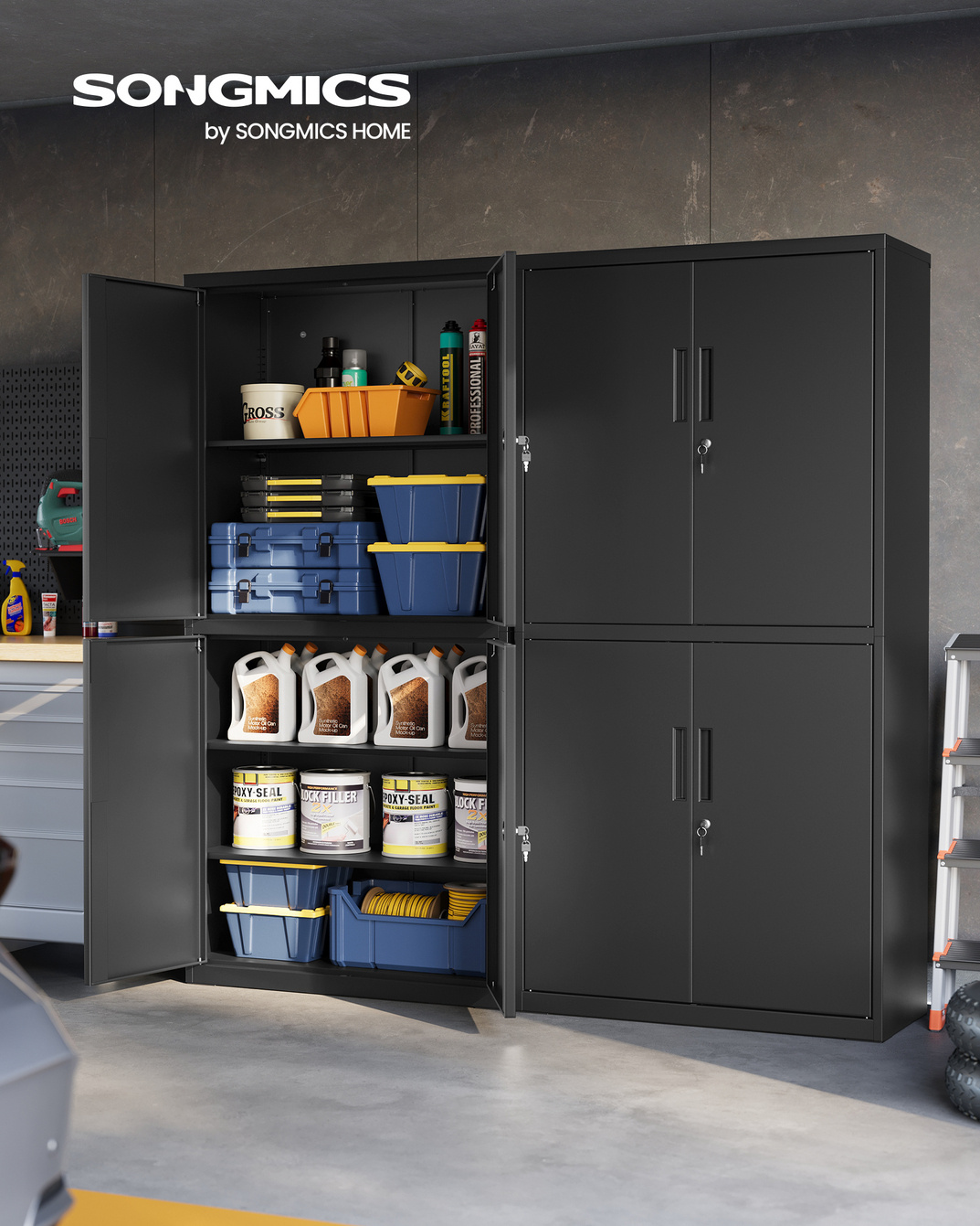 SONGMICS opbevaringsskab, 4 låger, 40 × 80 × 180 cm, justerbar hylde, sort, OMC016B01