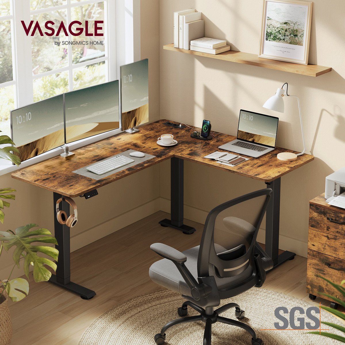 VASAGLE L-formet skrivebord, 140 × 160 cm, højdejusterbar, med ladestation, rustikbrun/sort, LSD264K01