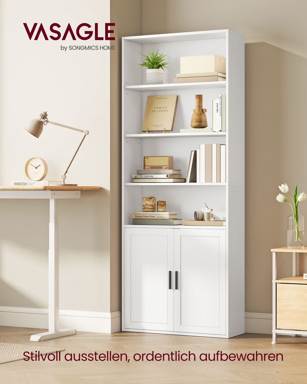 VASAGLE bogreol, 6 niveauer, 24 × 60 × 175 cm, skyhvid, LBC402W01