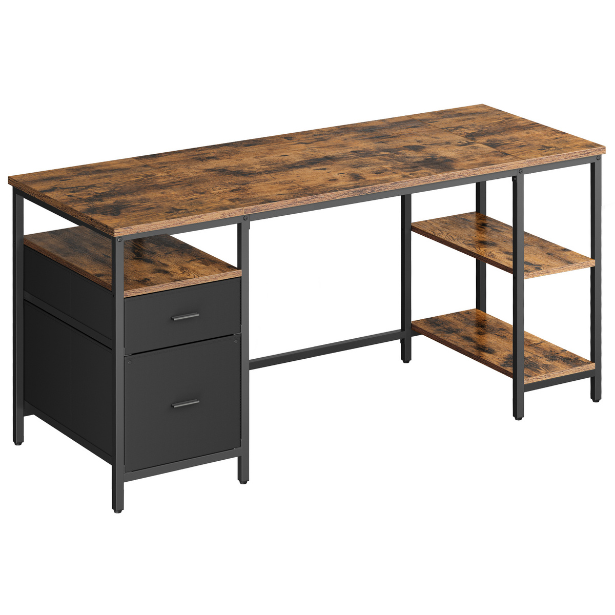 VASAGLE computerbord, 2 skuffer, 3 hylder, 60 × 160 × 76 cm, rustikbrun, LWD105K01