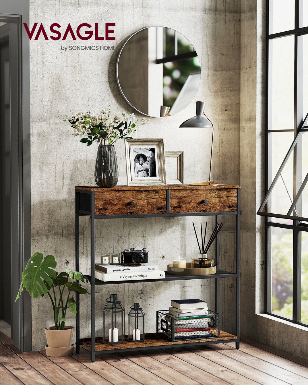 VASAGLE konsolbord, 2 skuffer, 3 niveauer, 24 × 76 × 80 cm, rustikbrun/sort, LNT092K01