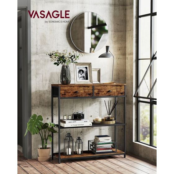 Vasagle konsolbord, 2 skuffer, 3 niveauer, 24 × 76 × 80 cm, rustikbrun/sort, LNT092K01
