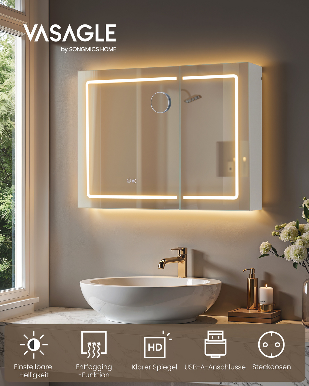 VASAGLE spejl, 16.5 × 80 × 60 cm, med LED-belysning, med ladestation, hvid, BBK134W01
